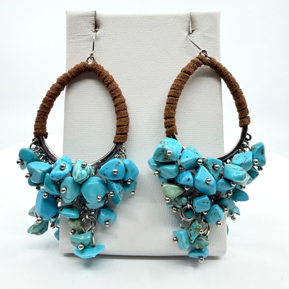 Vintage Y2K Faux Turquoise Hoop Earrings with Brown Suede Wrap Boho 90s